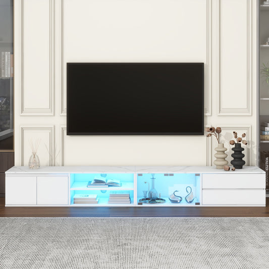 EUROCO 94.5" TV Stand Up to 100/105 inch TV,Modern APP LED TV Stand for Living Room,High Gloss Entertainment Center with Faux Marble Tabletop ,Tempered Glass Doors, 2 Drawers & Cabinets,TV Console