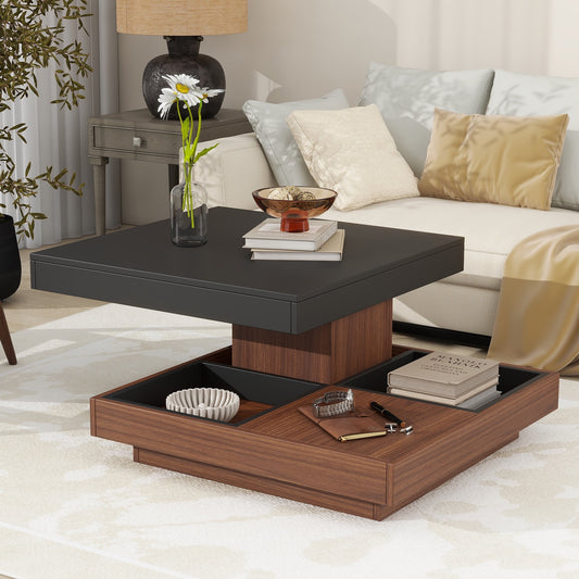 EUROCO Modern 27.5" 360°Rotating Coffee Table with 3 Detachable Tray, 2-Tier Farmhouse Wood Center Table with Storage for Living Room, Black