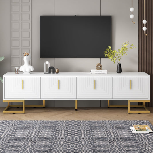 EUROCO TV Stand Up to 80" Television,Entertainment Center with Storage,4-Doors Media Console Table with Metal Handle,Gold Legs,Adjustable Shelves,Living Room, Bedroom Furniture,White