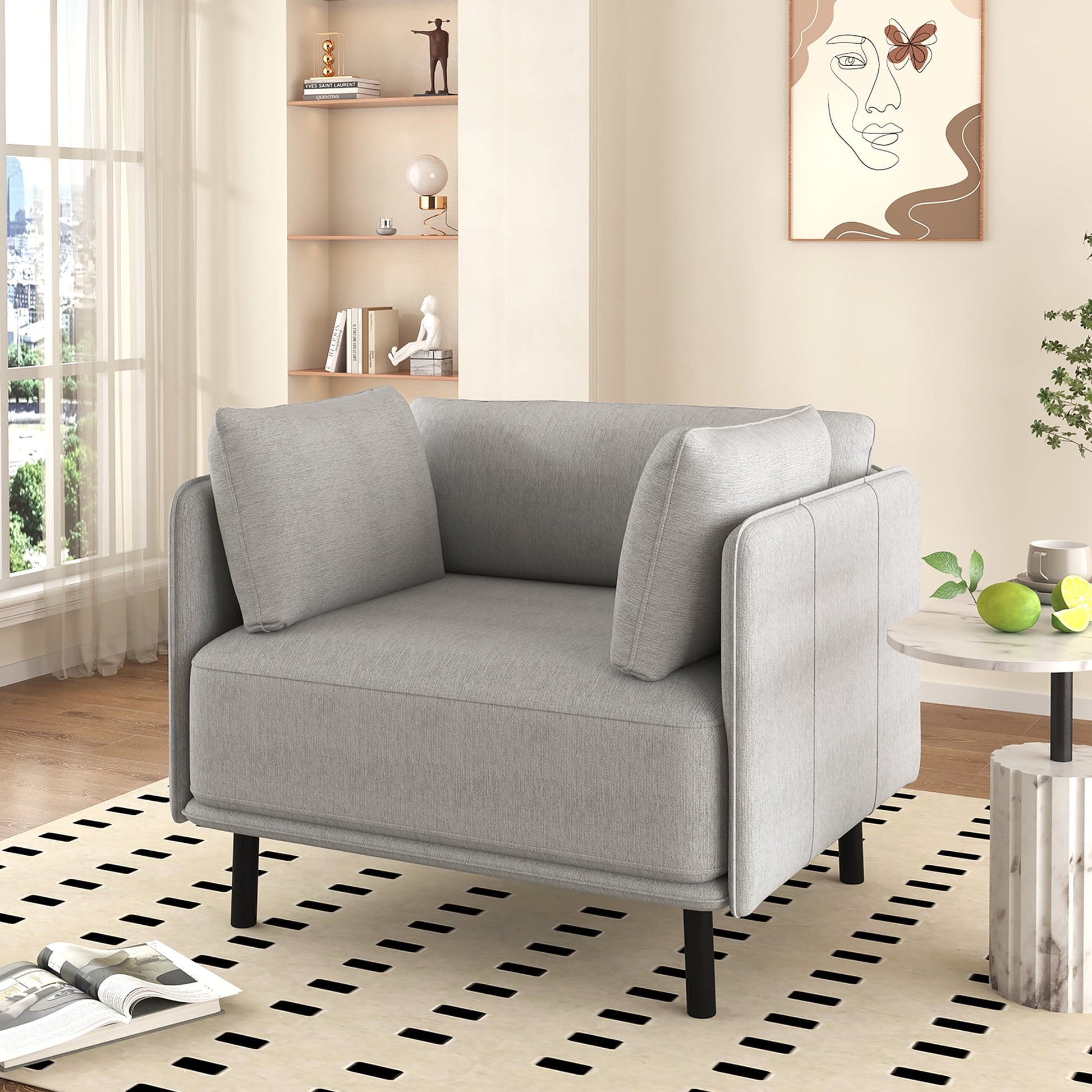 EUROCO 39.17"W Oversized Accent Chair,Mid-Century Modern Lounge Arm Chair with Solid Wood Frame,Steel Legs and 2 Pillows,Upholstered Accent Chairs for Living Room, Bedroom or Balcony,Grey