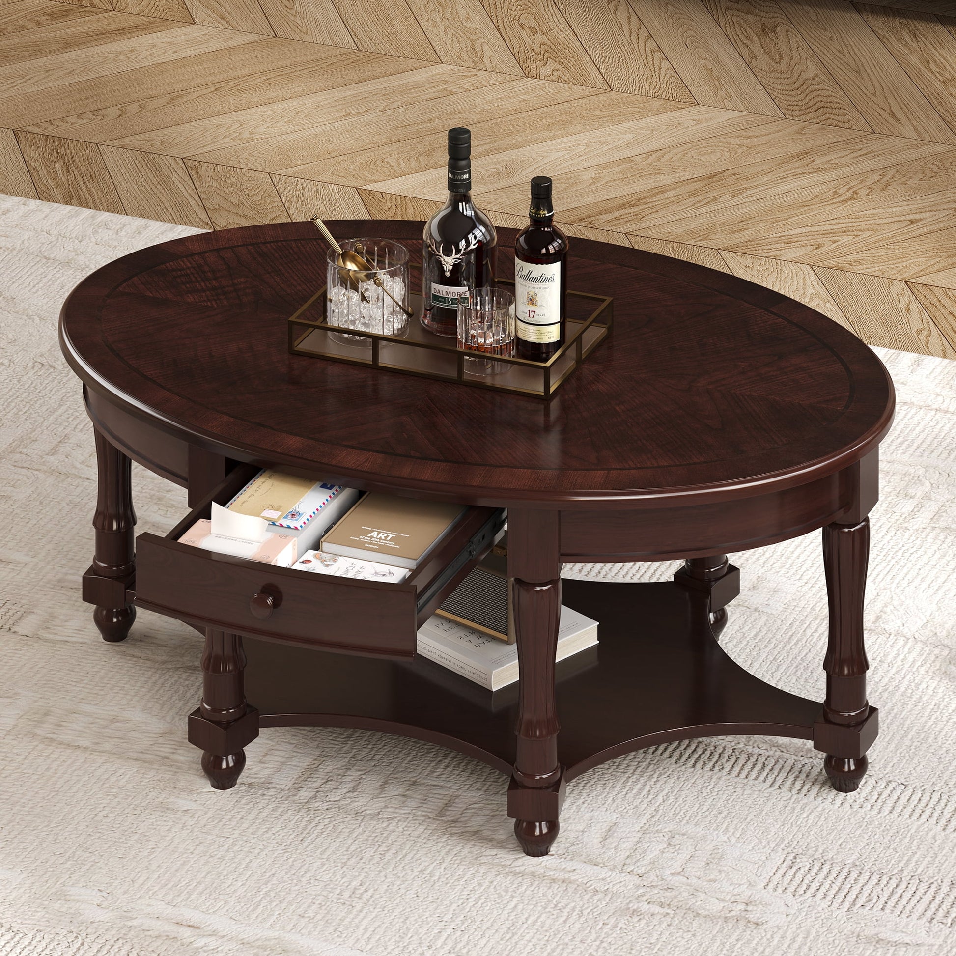 Euroco French Country Oval Coffee Table with Drawer and Open Shelf, Distressed Finish, Vintage Carved Wood Living Room Center Table