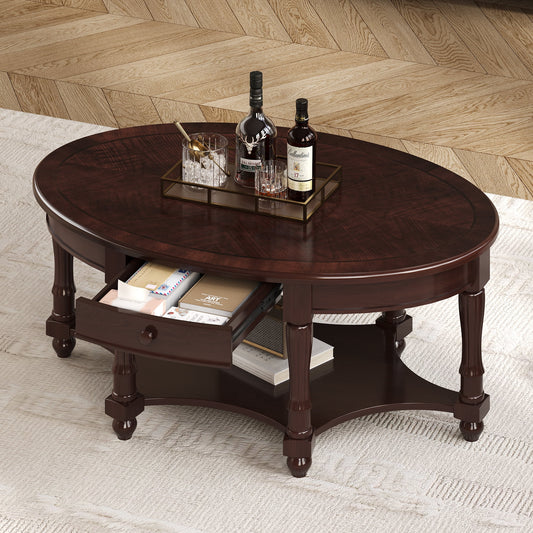 Euroco French Country Oval Coffee Table with Drawer and Open Shelf, Distressed Finish, Vintage Carved Wood Living Room Center Table