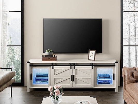 Farmhouse Modern Wood Entertainment Center with blue LED light for 75 Inch TV, Media TV Console with Sliding Barn Door and Storage Shelf for Living Room Bedroom，Wihte
