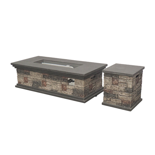 Keegan Outdoor 56 Inch Light Weight Concrete Rectangular Fire Pit and Tank Holder, Mixed Brown
