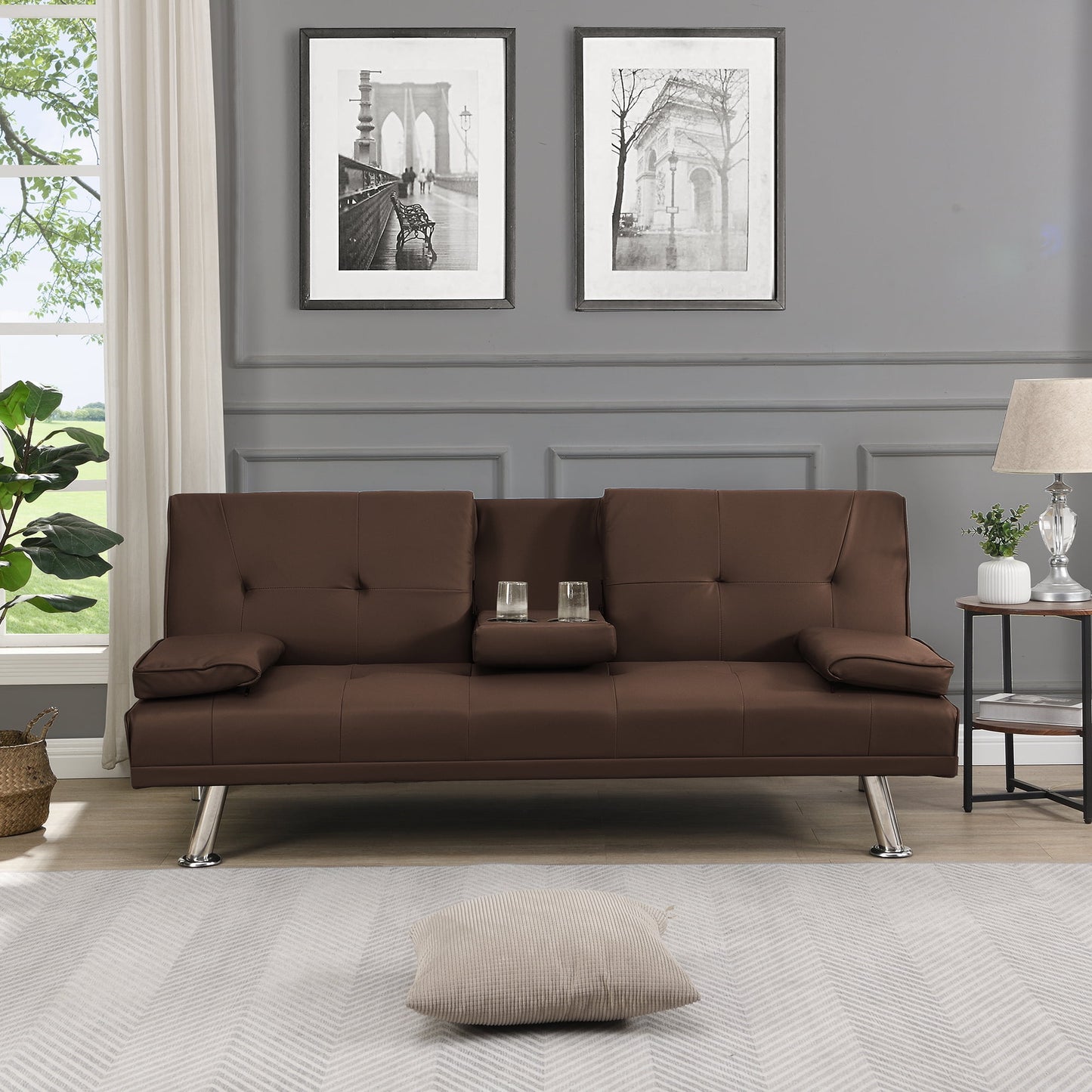 Leather Futon Sofa Bed Convertible Folding Couch Modern Faux Leather with Cupholders and Pillows