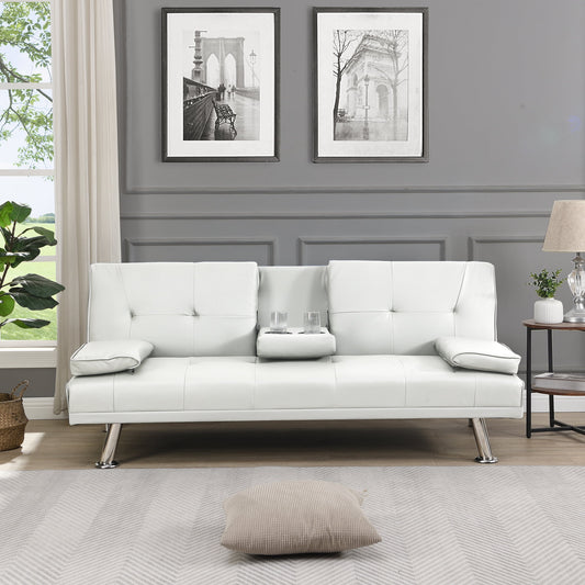 Leather Futon Sofa Bed Convertible Folding Couch Modern Faux Leather with Cupholders and Pillows