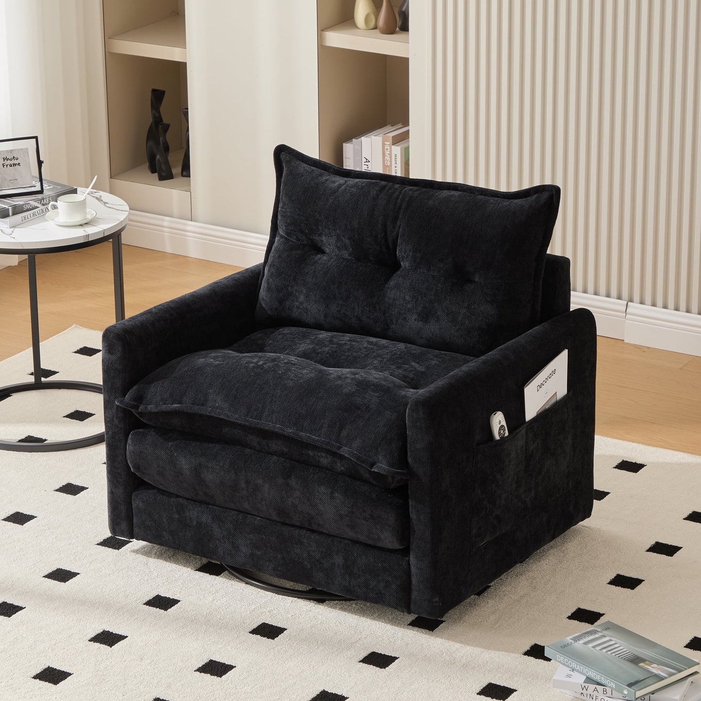 MOONMISS Chenille Upholstered 360°Degree Swivel Mid Century Modern Arm Chair for Living Room-Black