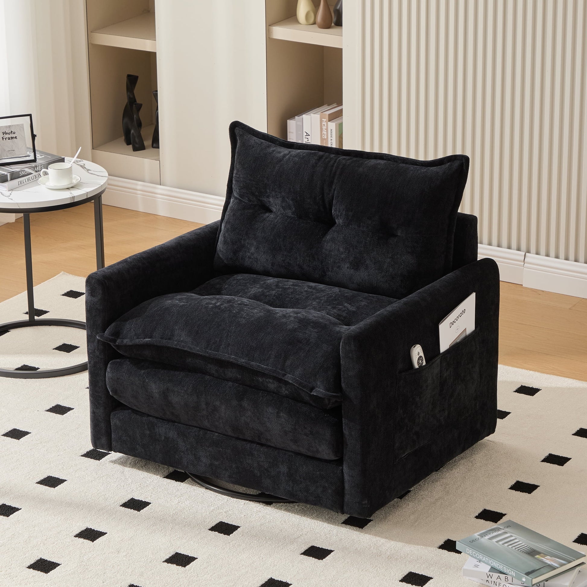 MOONMISS Chenille Upholstered 360°Degree Swivel Mid Century Modern Arm Chair for Living Room-Black