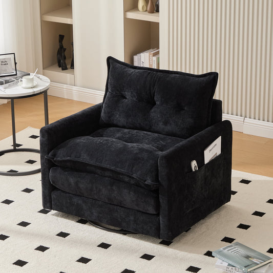 MOONMISS Chenille Upholstered 360°Degree Swivel Mid Century Modern Arm Chair for Living Room-Black
