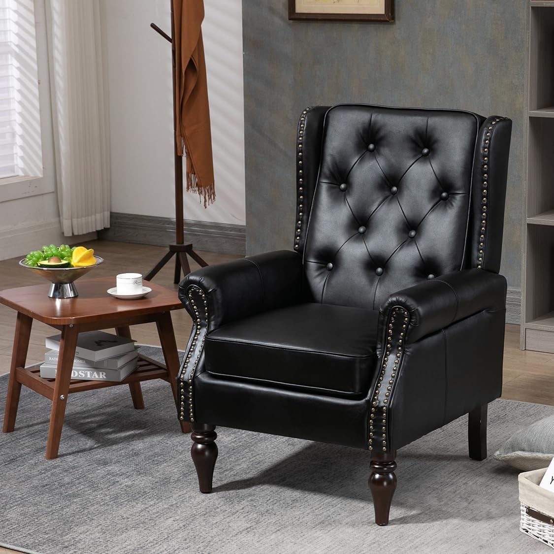MOONMISS Mid Century Chair PU Leather Accent Armchair Tufted Button Back Rivet Trim Ergonomic Design Modern Living Room Bedroom Home Office Seating Furniture