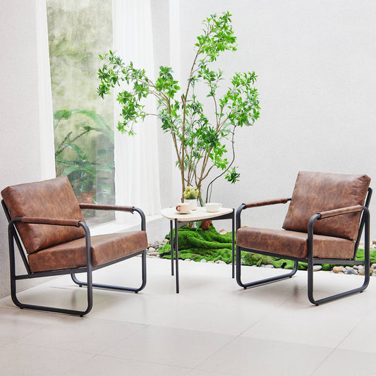 Mid-Century Accent Chair Set of 2 PU Leather Armchair, Retro Accent Chair with Metal Frame Sofa Chair Lounge for Living Room, Brown