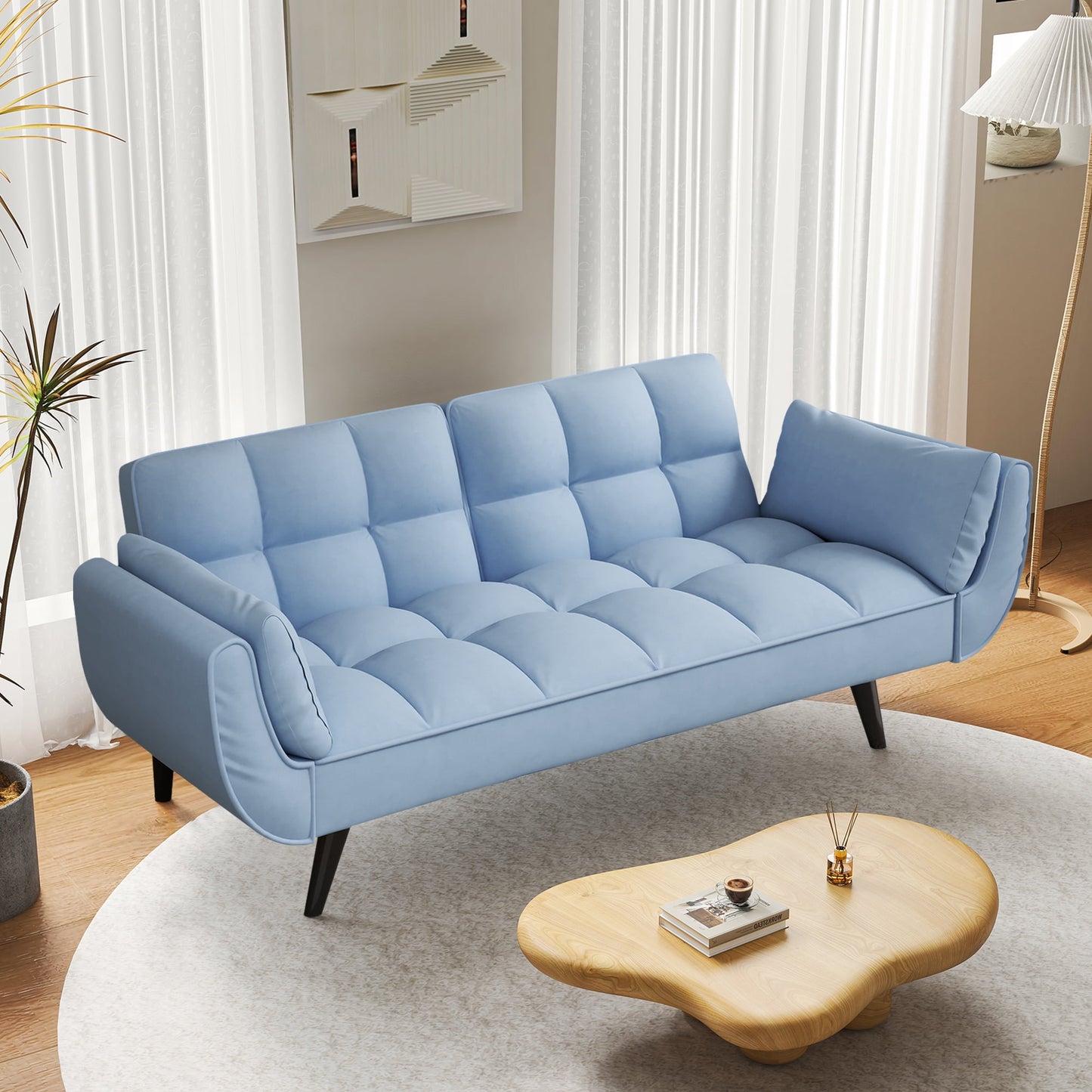 Mitinya Modern Velvet Curved Futon Sofa with Pillows and Flared Arm, Navy Blue