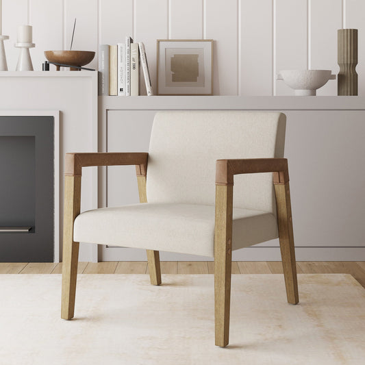 Nathan James Hudson Natural Flax Upholstered Accent Chair with Arms Wrapped in Chestnut Brown Faux Leather