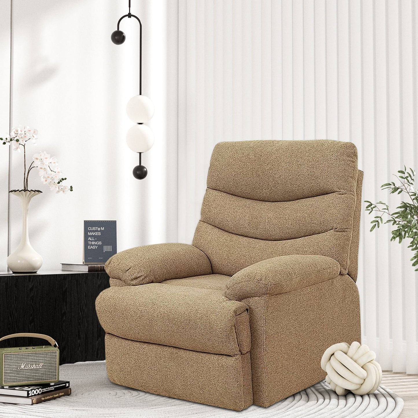 Nathaniel Home Recliner Chair, Upholstered Fabric Chair, Single Manual Reclining Sofa, Home Theater Seating, Footrest for Bedroom Elderly Lounge, Mocha Brown