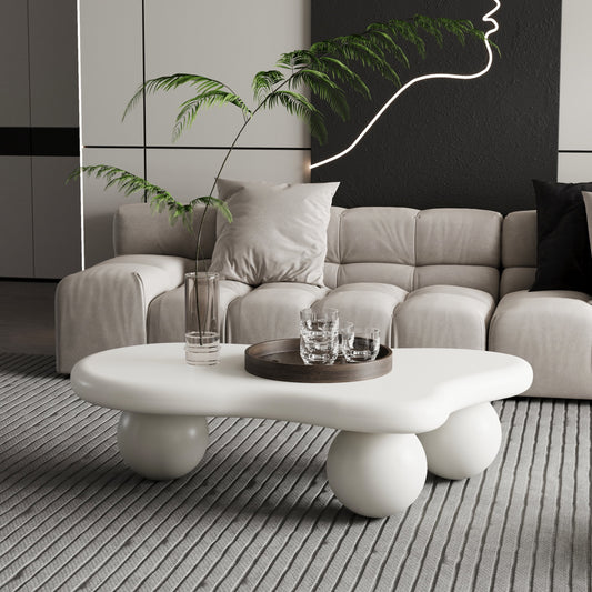 Noble House 40" Cloud Shaped Coffee Table with Ball Legs, Modern Aesthetic Accent Table for Living Room, White