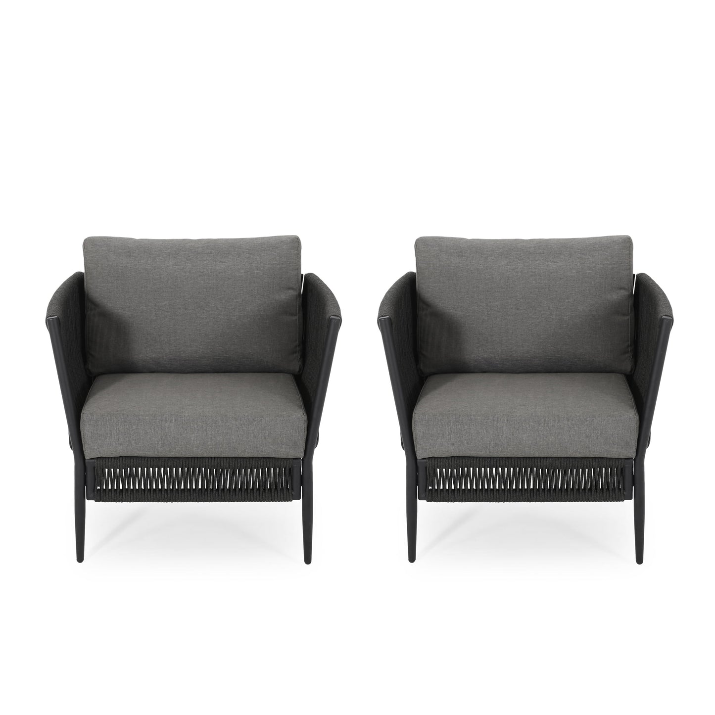 Noble House Evelee Outdoor Rope Club Chair with Cushions, Set of 2, Black and Gray