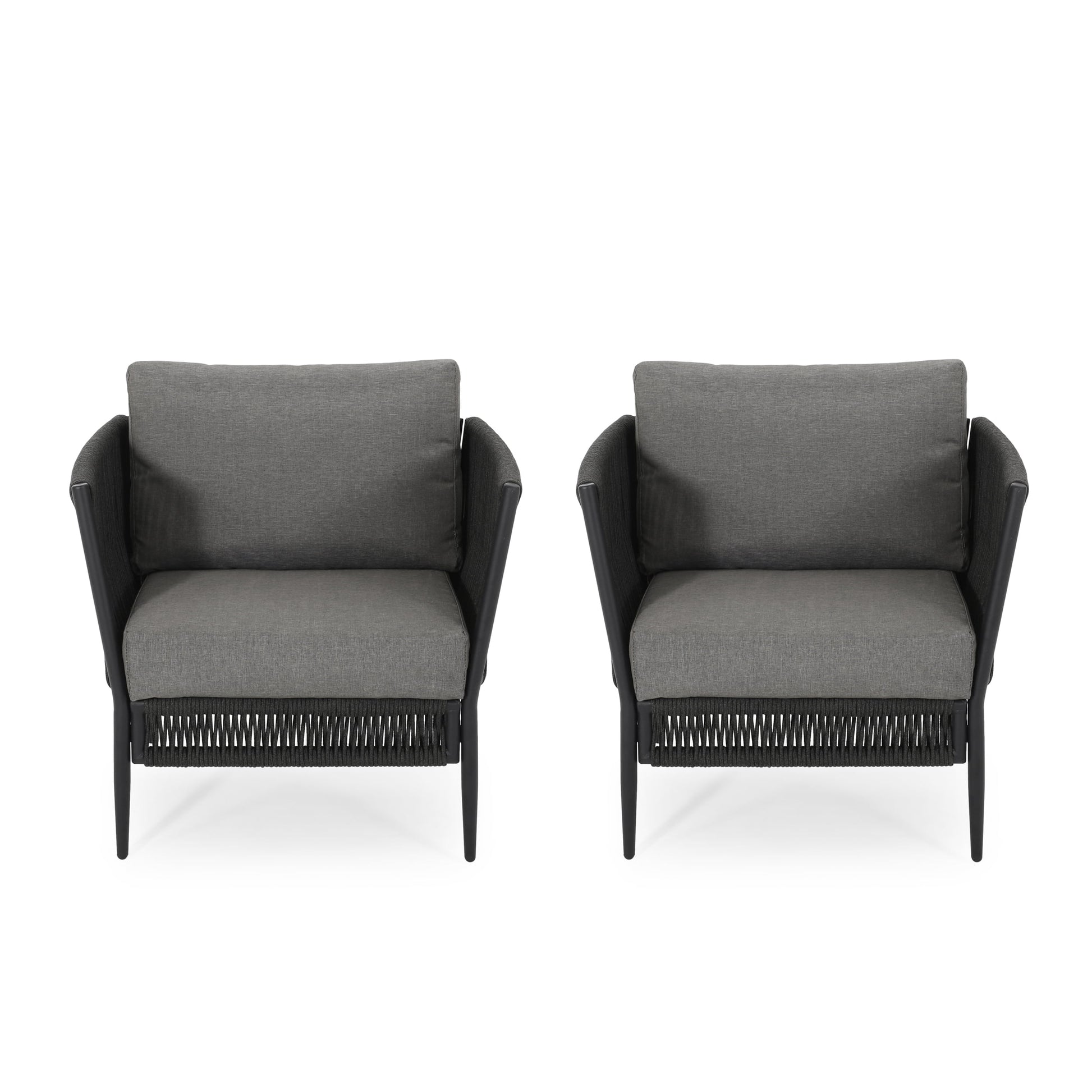 Noble House Evelee Outdoor Rope Club Chair with Cushions, Set of 2, Black and Gray