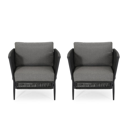 Noble House Evelee Outdoor Rope Club Chair with Cushions, Set of 2, Black and Gray