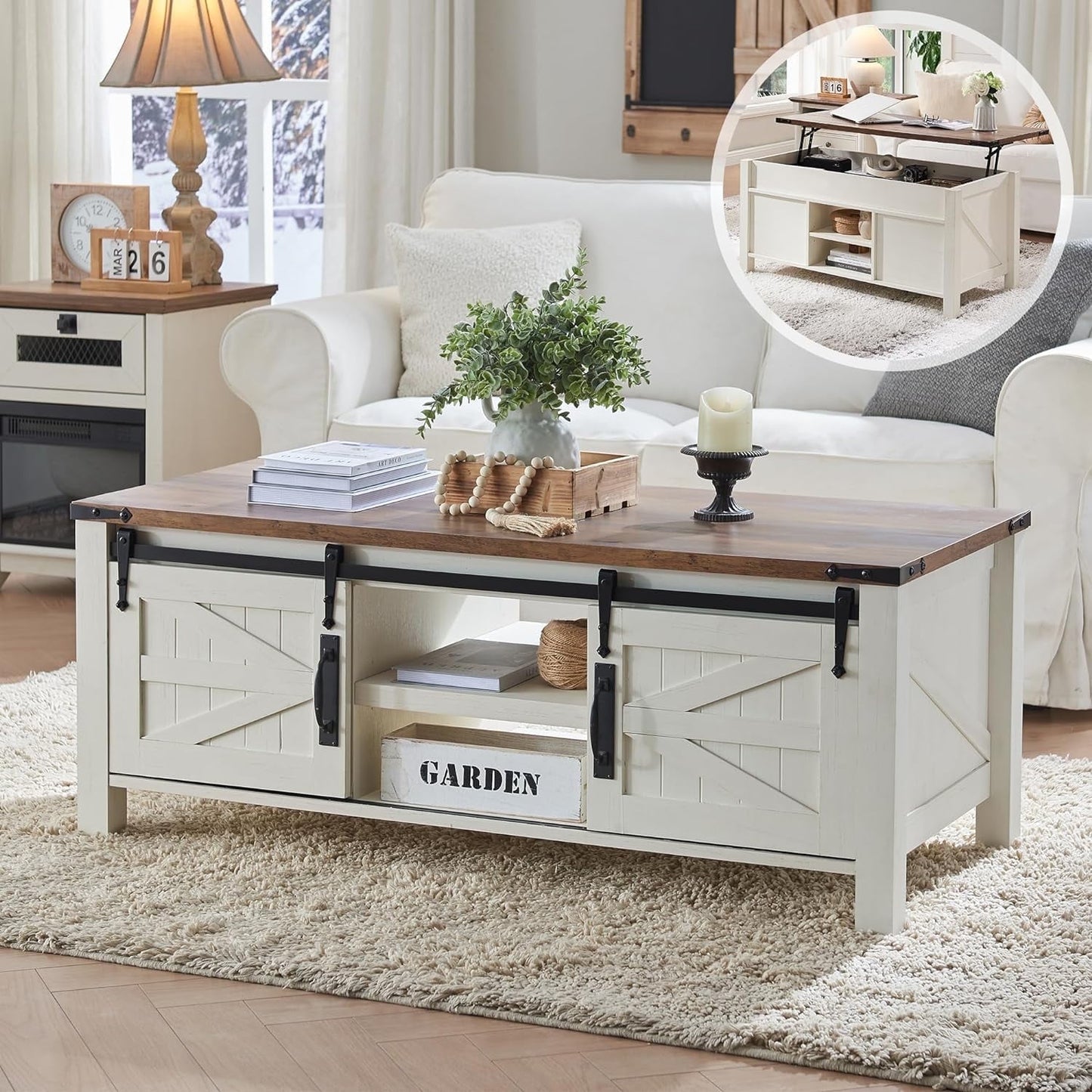 OKD 48" Farmhouse Lift Top Coffee Table with Sliding Barn Door, Rustic Center Table with Hidden Storage Compartment for Living Room, Office, Dark Rustic Oak