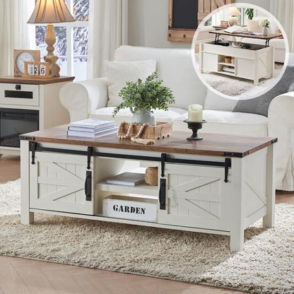 OKD 48" Farmhouse Lift Top Coffee Table with Sliding Barn Door, Rustic Center Table with Hidden Storage Compartment for Living Room, Office, Dark Rustic Oak