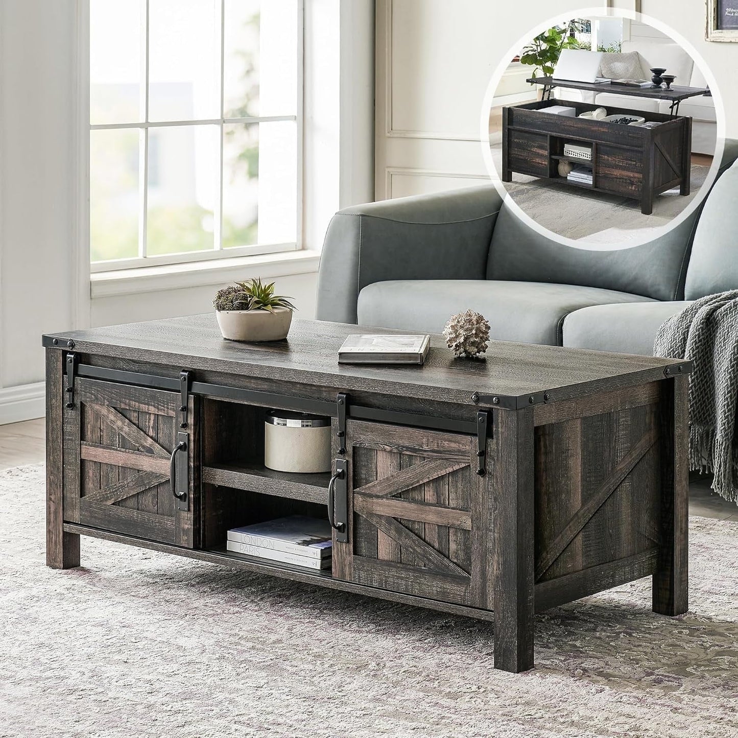 OKD 48" Farmhouse Lift Top Coffee Table with Sliding Barn Door, Rustic Center Table with Hidden Storage Compartment for Living Room, Office, Dark Rustic Oak