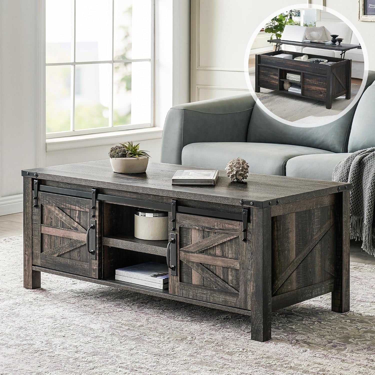 OKD 48" Farmhouse Lift Top Coffee Table with Sliding Barn Door, Rustic Center Table with Hidden Storage Compartment for Living Room, Office, Dark Rustic Oak