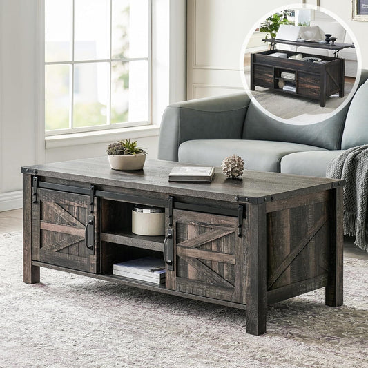 OKD 48" Farmhouse Lift Top Coffee Table with Sliding Barn Door, Rustic Center Table with Hidden Storage Compartment for Living Room, Office, Dark Rustic Oak
