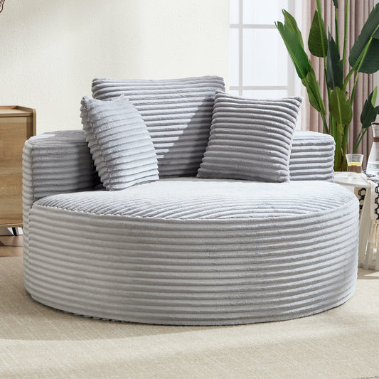 Oversized Round Sofa Bed with Memory Foam, Velvet Upholstered Accent Chair with Three Pillows for Living Room,No Assembly Required,Gray