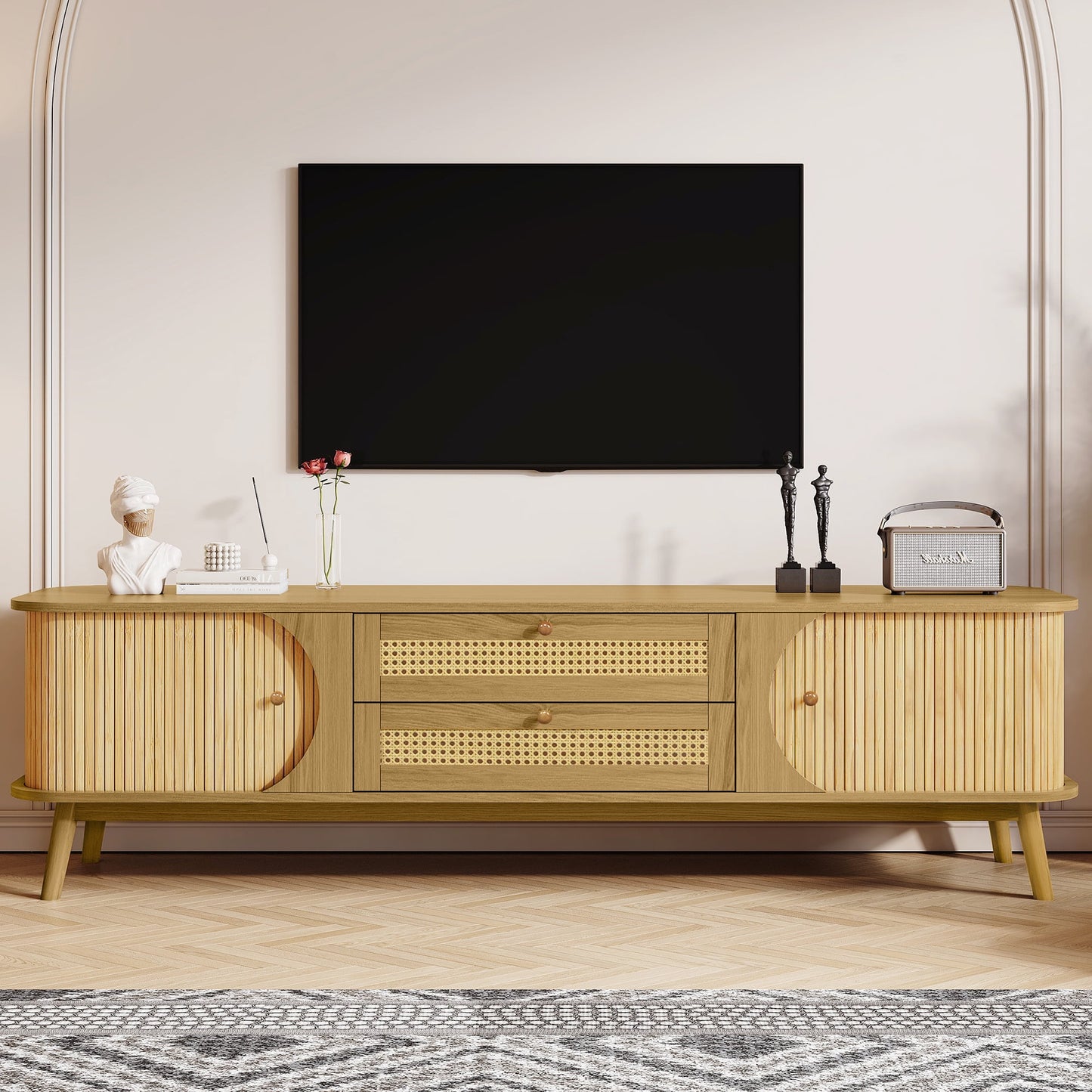 PORKISS TV Stand for 75 Inch TV, Farmhouse TV Console with Storage Drawers and Sliding Door, Entertainment Center Television Stands for Living Room, Natural Wood