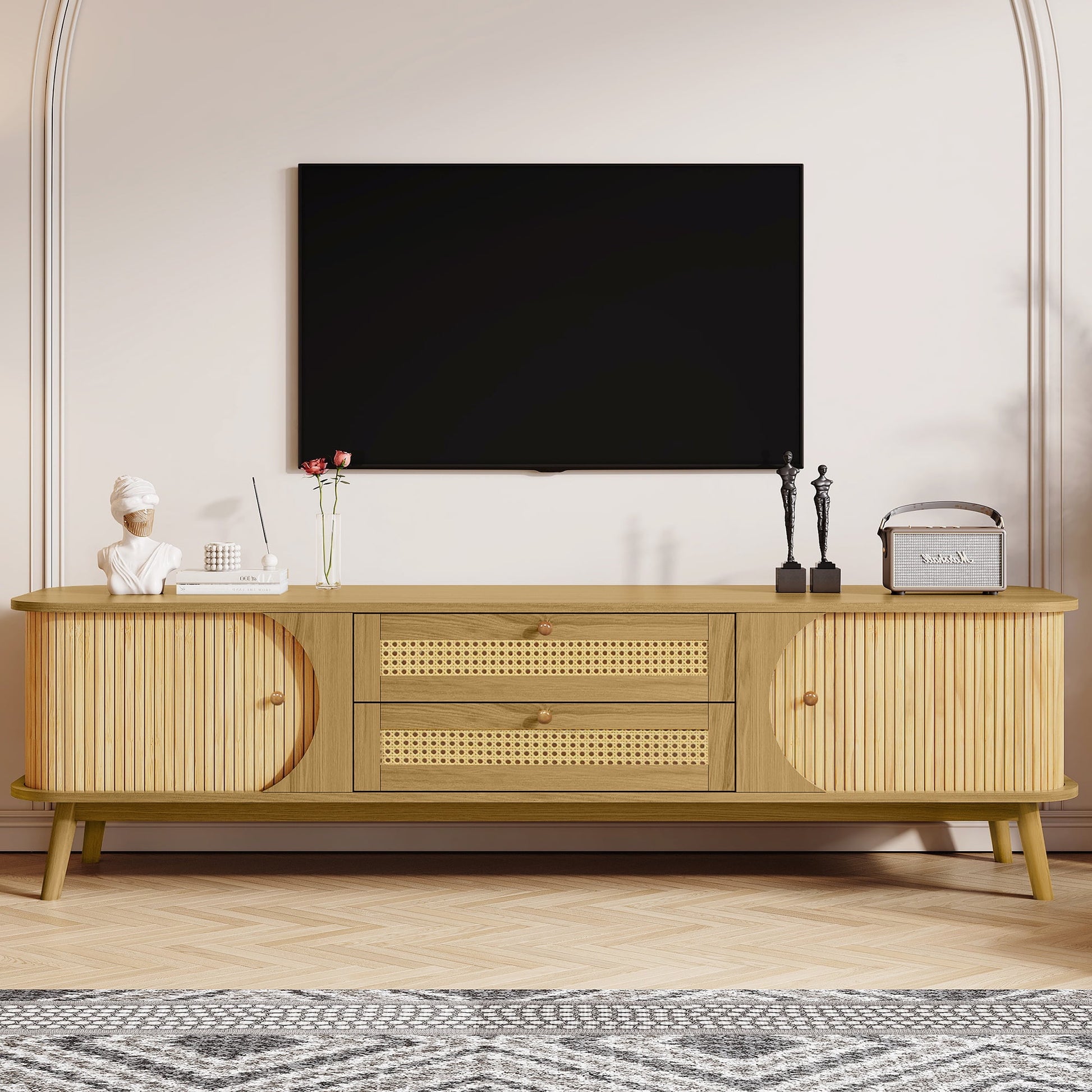 PORKISS TV Stand for 75 Inch TV, Farmhouse TV Console with Storage Drawers and Sliding Door, Entertainment Center Television Stands for Living Room, Natural Wood