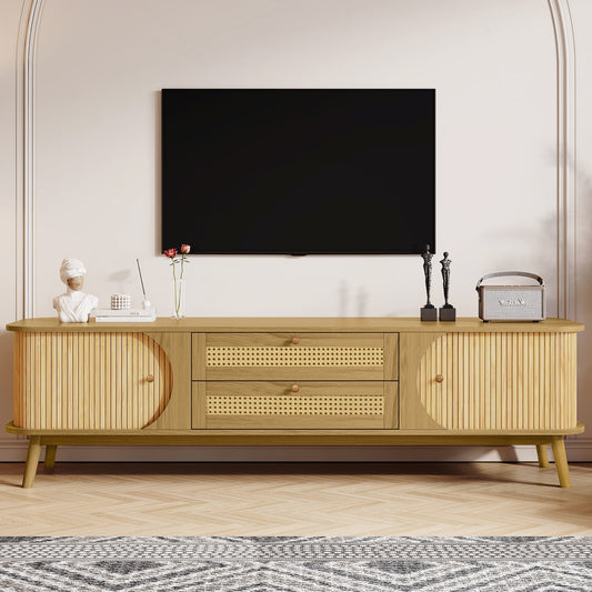 PORKISS TV Stand for 75 Inch TV, Farmhouse TV Console with Storage Drawers and Sliding Door, Entertainment Center Television Stands for Living Room, Natural Wood
