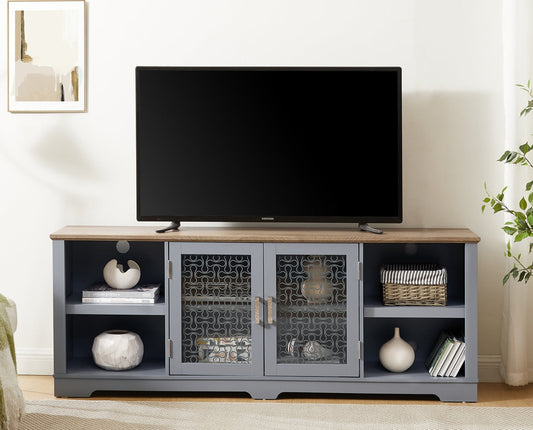PORKISS TV Stand for TVs up to 80", Modern Entertainment Center with Open Shelves, Large Farmhouse TV Console with Glass Door Cabinets, Classical Media Console for Living Room, Light Blue/Oak