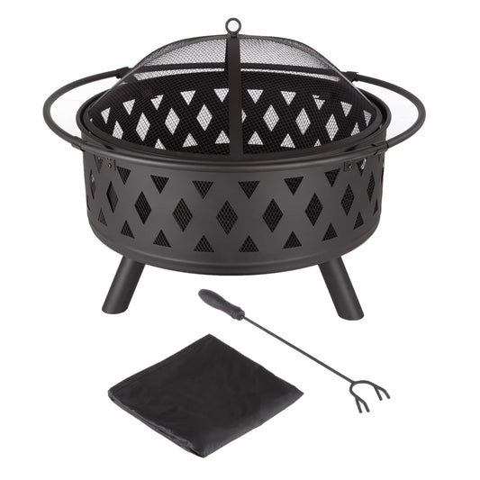Pure Garden 32-Inch Outdoor Wood Burning Fire Pit with PVC Cover (Black)
