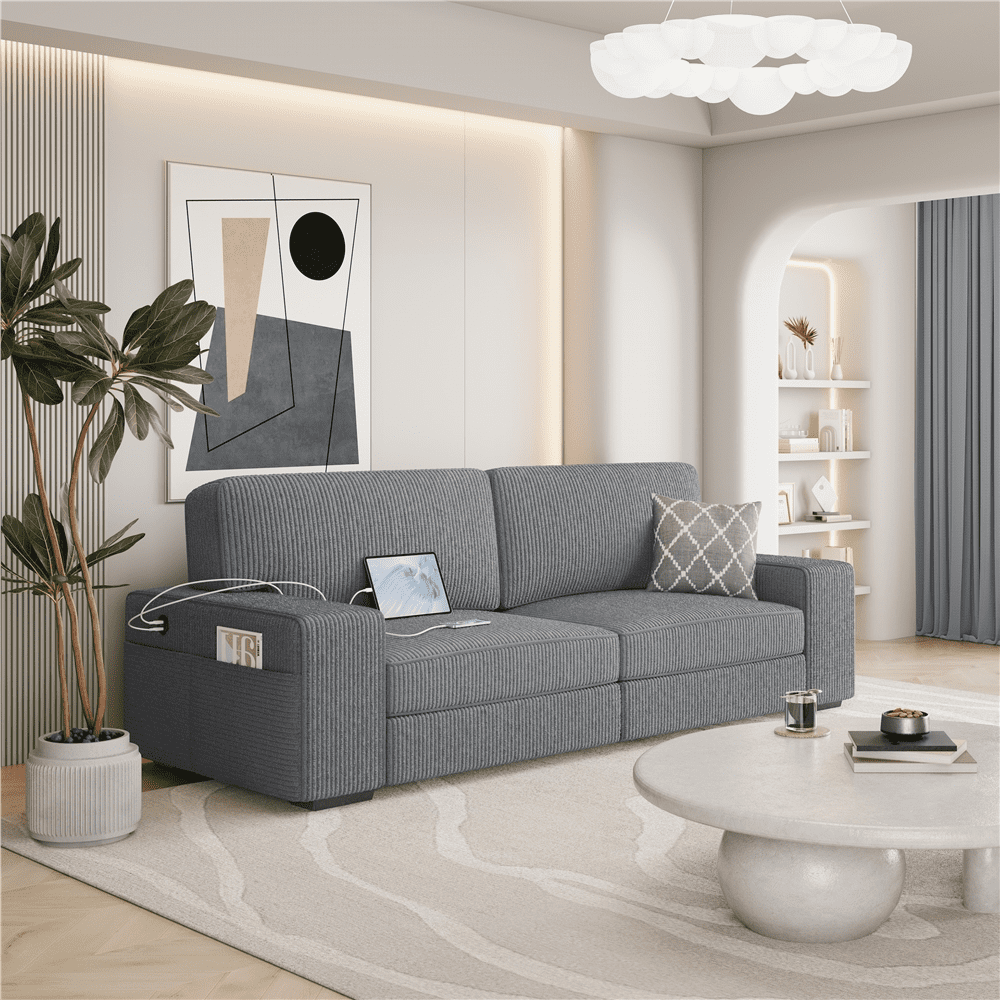 Renwick 83.5'' W 2-Seater Modern Corduroy Fabric Sofa Couch with USB Charging Ports, All Ages, Ivory