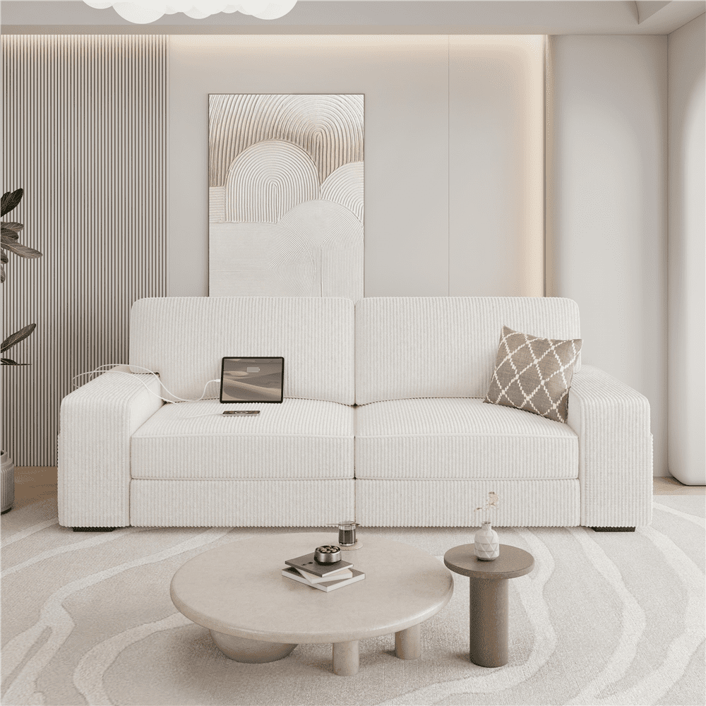 Renwick 83.5'' W 2-Seater Modern Corduroy Fabric Sofa Couch with USB Charging Ports, All Ages, Ivory