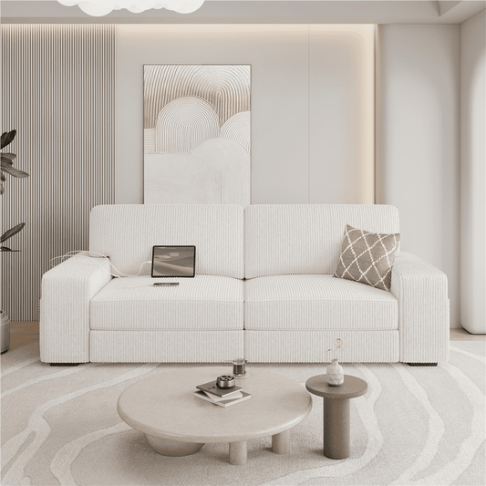 Renwick 83.5'' W 2-Seater Modern Corduroy Fabric Sofa Couch with USB Charging Ports, All Ages, Ivory