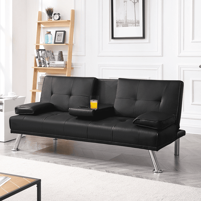 Renwick LuxuryGoods Modern Faux Leather Futon with Cupholders and Pillows, White