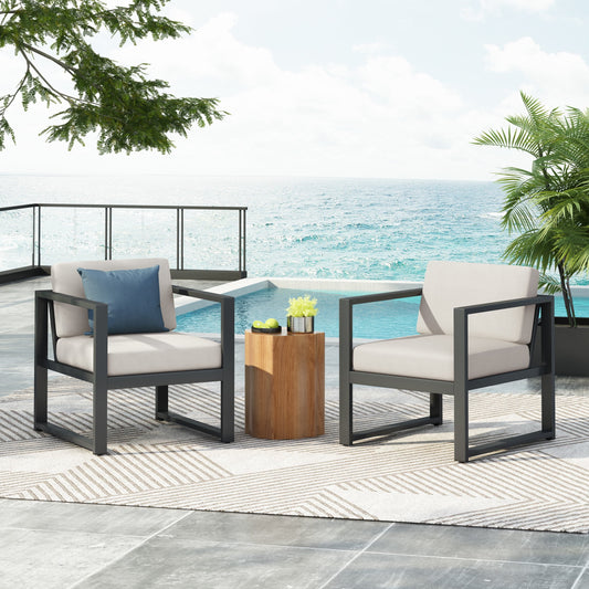 Ryder Modern Outdoor Patio Aluminum Club Chairs, Armchairs with Cushions, Beige+Black, Set of 2