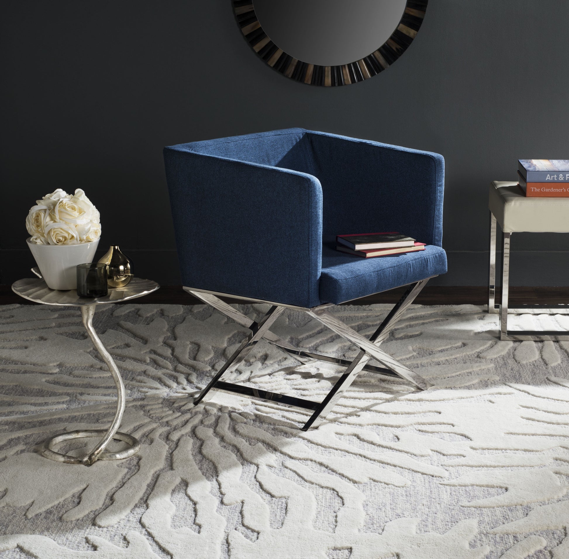 Safavieh Celine Modern Glam Chrome Upholstered Cross Leg Chair