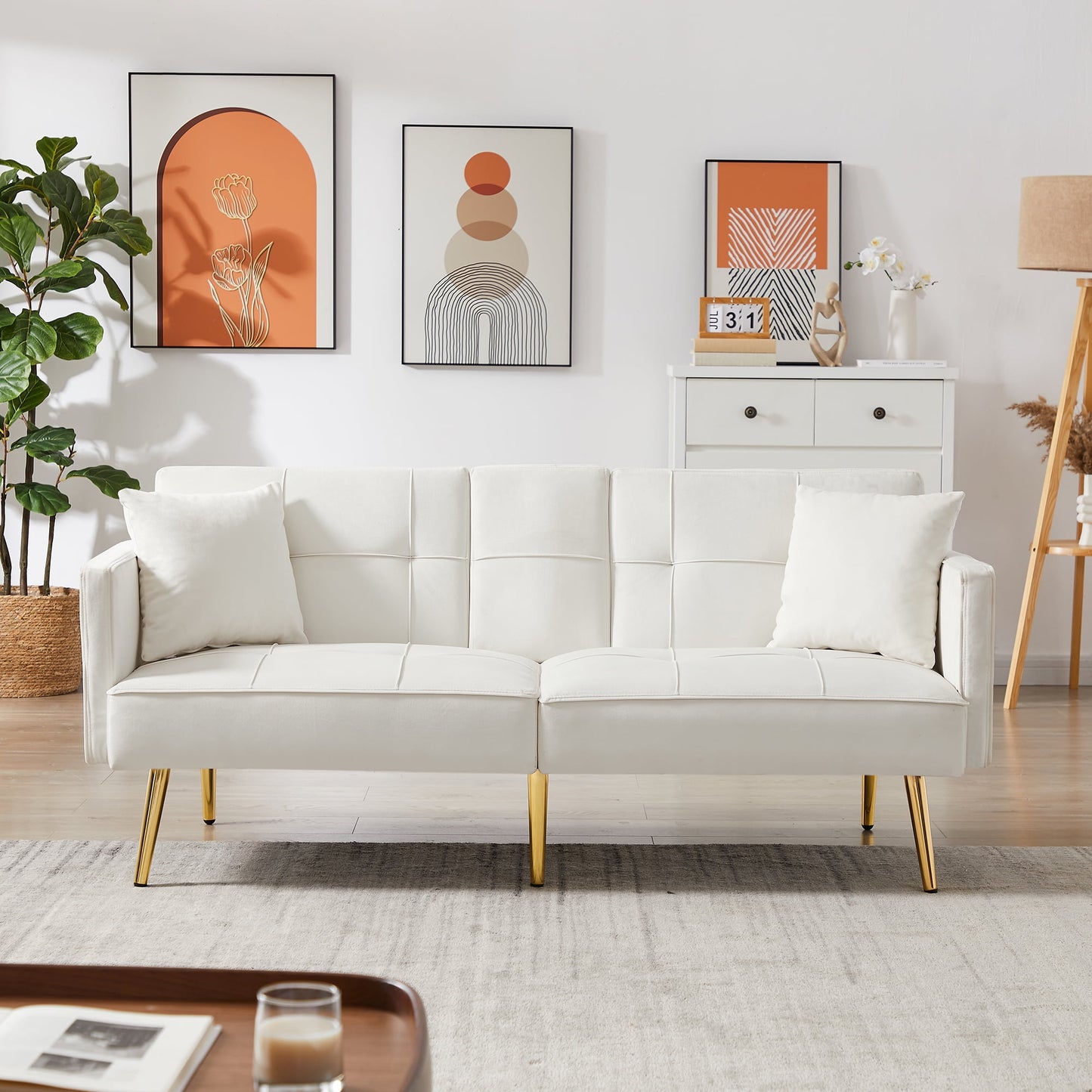 Twin Futon Sleeper Sofa,Velvet Upholstery Convertible Sofa Bed with Gold Metal Legs Adjusting Backrest Futon for Small Spaces
