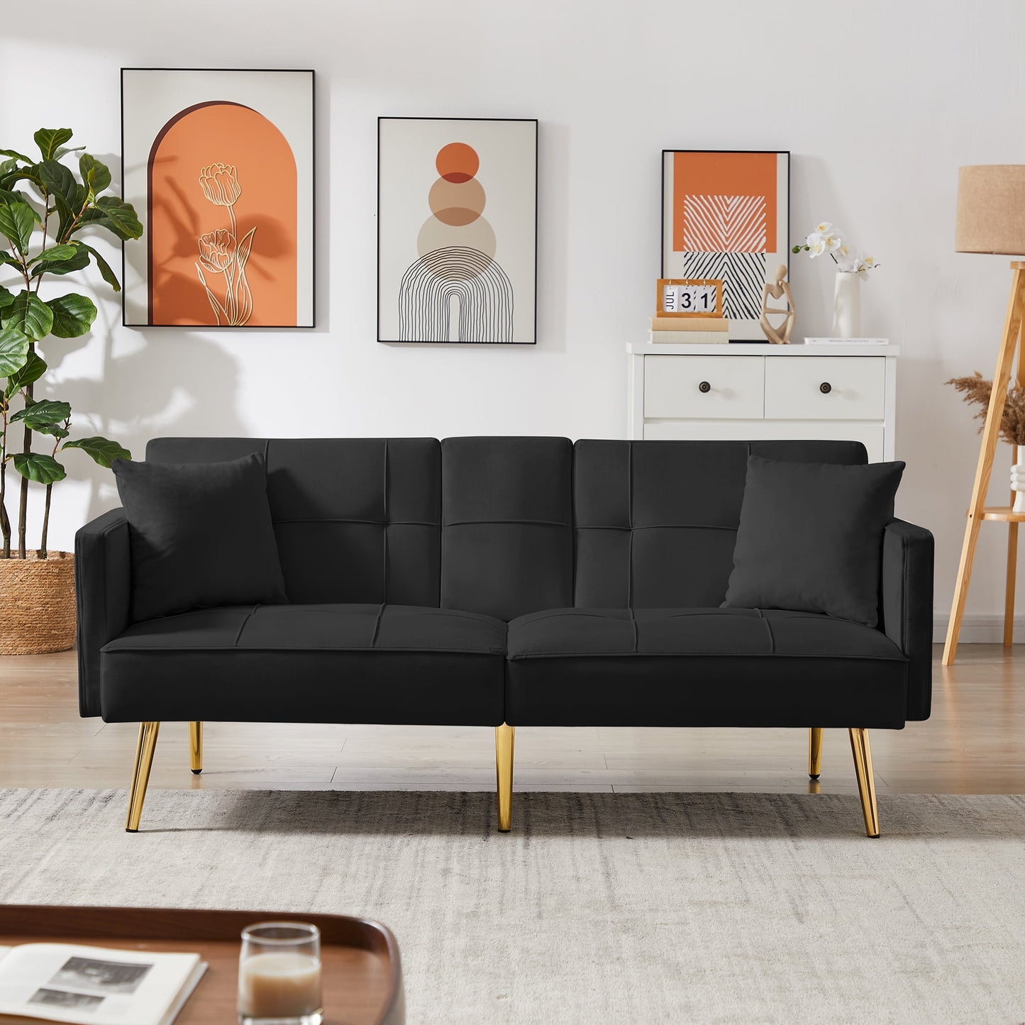 Twin Futon Sleeper Sofa,Velvet Upholstery Convertible Sofa Bed with Gold Metal Legs Adjusting Backrest Futon for Small Spaces