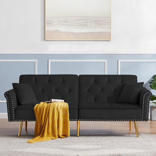 Velvet Sofa Bed,Convertible Folding Sleeper Couch with 2 Pillows,70" Tufted Loveseat Recliner with Golden Metal Legs for Living Room Apartment Office,Black