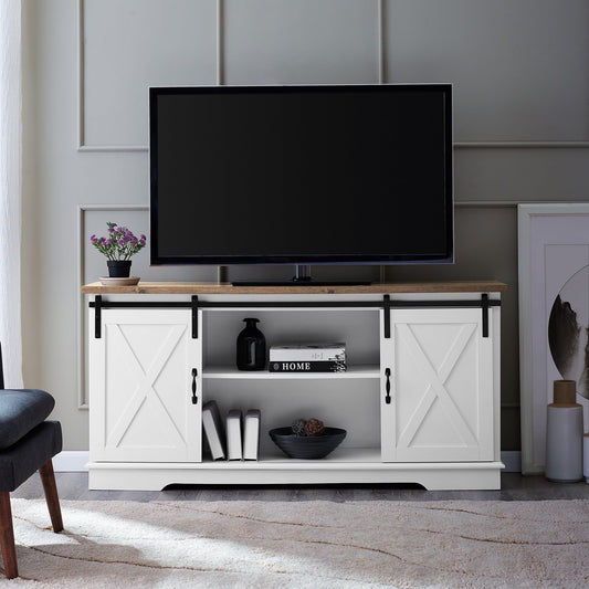 Walker Edison Farmhouse Sliding Barn Door TV Stand for TVs up to 65", White/Reclaimed Barnwood